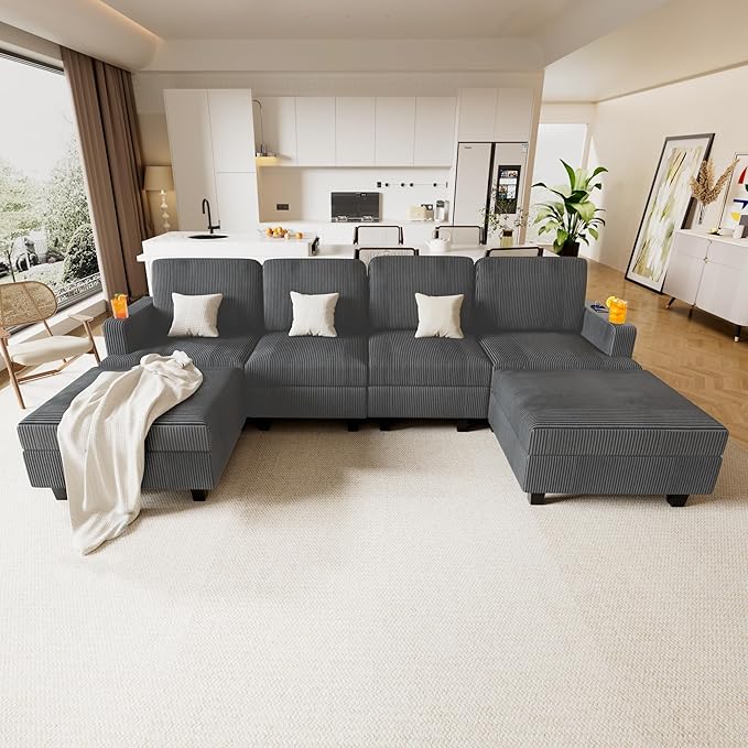 120" U Shaped Modular Sectional Sleeper Sofa, Soft Corduroy Sectional with Armrests, 2 Cup Holders & 2 USB Ports, 21" Deep Seat Cloud Couch for Living Room, Bedroom Office (Grey, 4 Seat + 2 Ottoman)