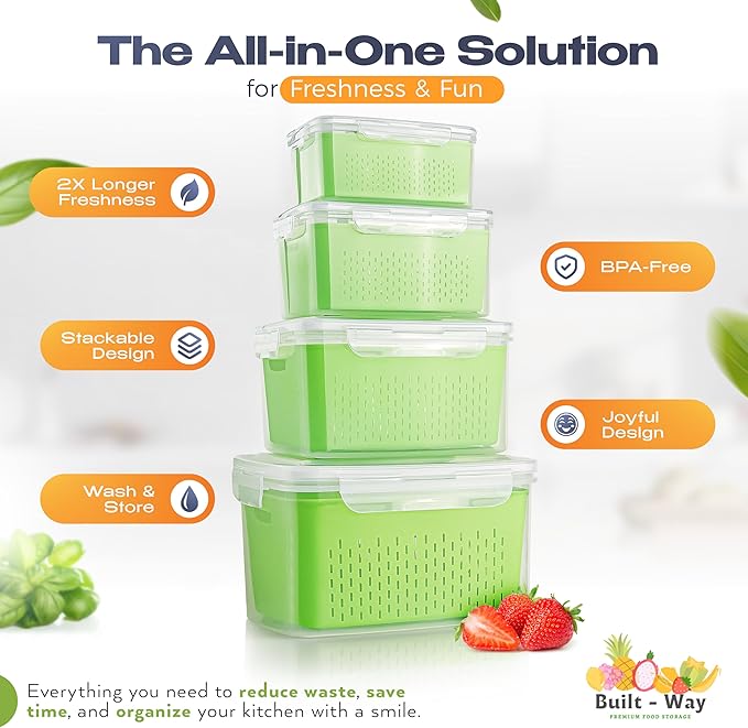 Fruit Storage Smiley Containers for Fridge - Keep Fresh with BPA-Free Lids - Ideal Vegetable & Berry Organizer - 4 Pack Dishwasher Safe Produce Saver - Stackable Containers with Drain Tray