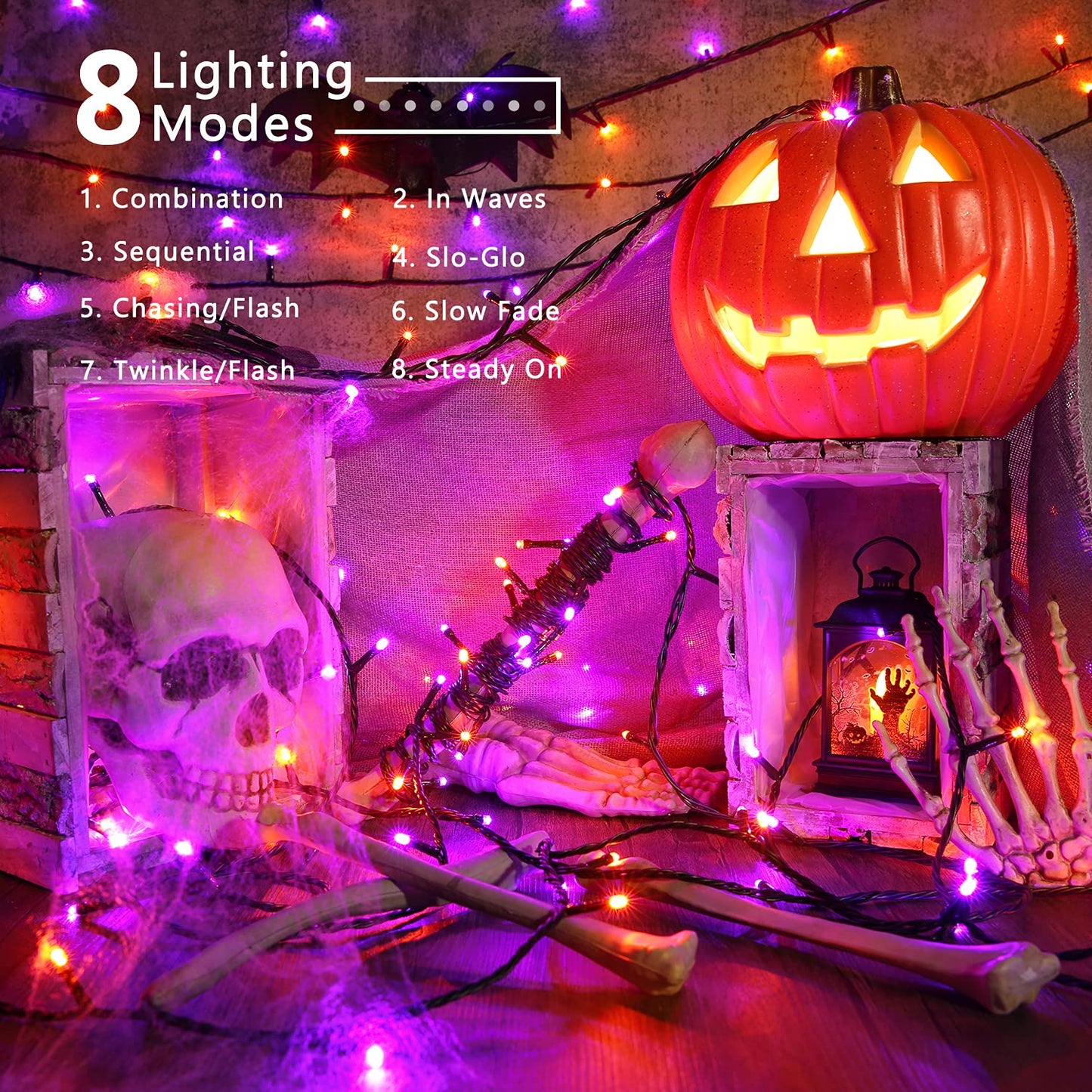 BrizLabs Orange & Purple Halloween Lights, 78.74ft 240 LED Orange Lights Connectable, 8 Modes Outdoor Purple Halloween Light with Timer, Plug in Mini Twinkle Light for Party Indoor Decor