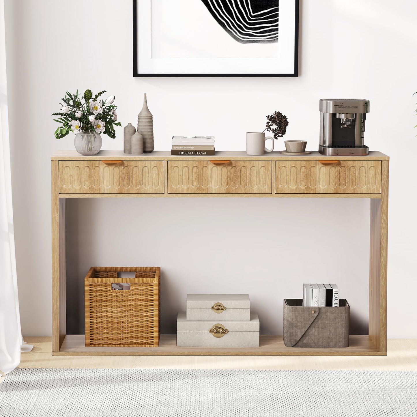 affeivul Entryway Table with Storage, Narrow Console Table with 3 Drawers, Boho 51.18' Couch Table Behind Sofa Skinny Long for Living Room TV, Hallway Entrance Entry Foyer