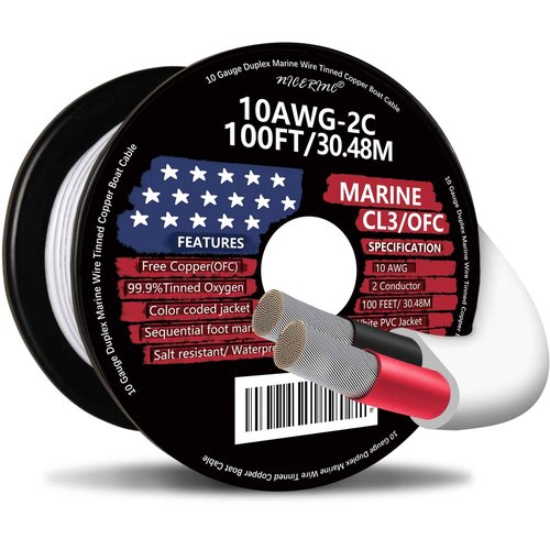 10 Gauge Duplex Marine Wire Tinned Copper Boat Cable, 100ft 10 AWG Standard USA OFC Oxygen Free Copper Wire for Outdoors/Automotive/Boat/Speakers/Solar/RV/Camper/Trailer