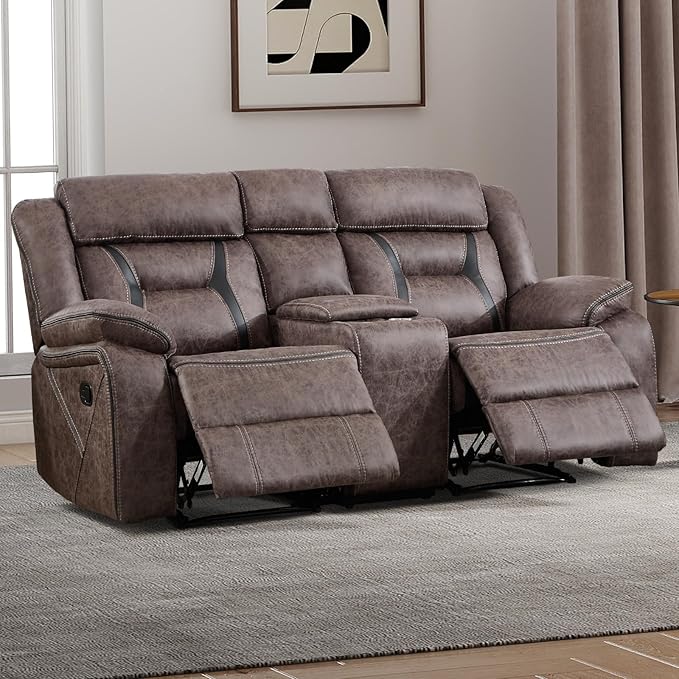 EBELLO Faux Leather Manual Loveseat Recliner, 2 Seat Reclining Sofa Chair with Center Console, Hidden Storage and Cup Holders, Daul Recliner for Living Room, Meeting Room, Grey (Loveseat)