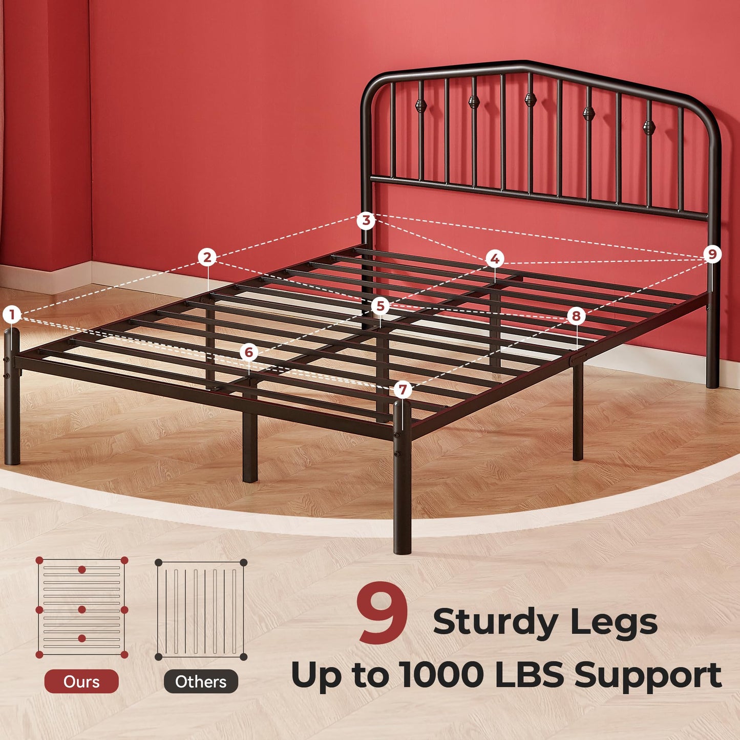 Susalt Metal Queen Bed Frame, 14 Inch Sturdy Queen Size Bed Frame with Headboard and 12.5" Under-Bed Storage, Safe Round Corner, Noiseless, No Box Spring Needed, Easy Assembly, Black