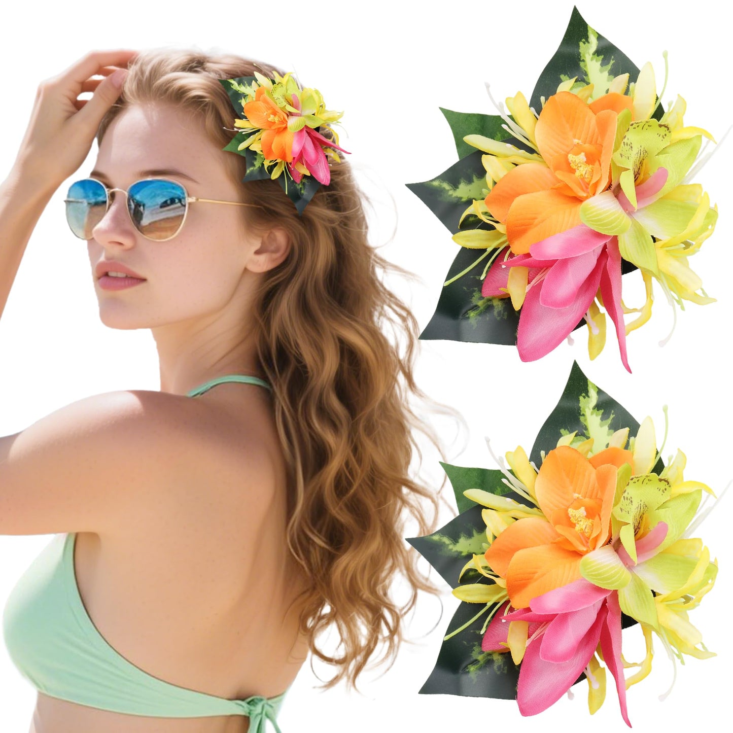 Hawaiian Flower Hair Clips for Women - 2 PCS Artificial Tropical Orchid Hairpin Hawaii Floral Hair Accessories for Women Girls L