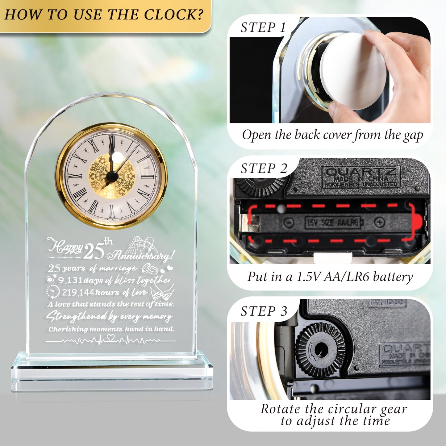 QIANCHANG 25th Wedding Anniversary Crystal Quartz Clock Gifts for Parents, 25 Years Silver for Couple, Happy 25th Anniversary Decoration Gift for Her Him