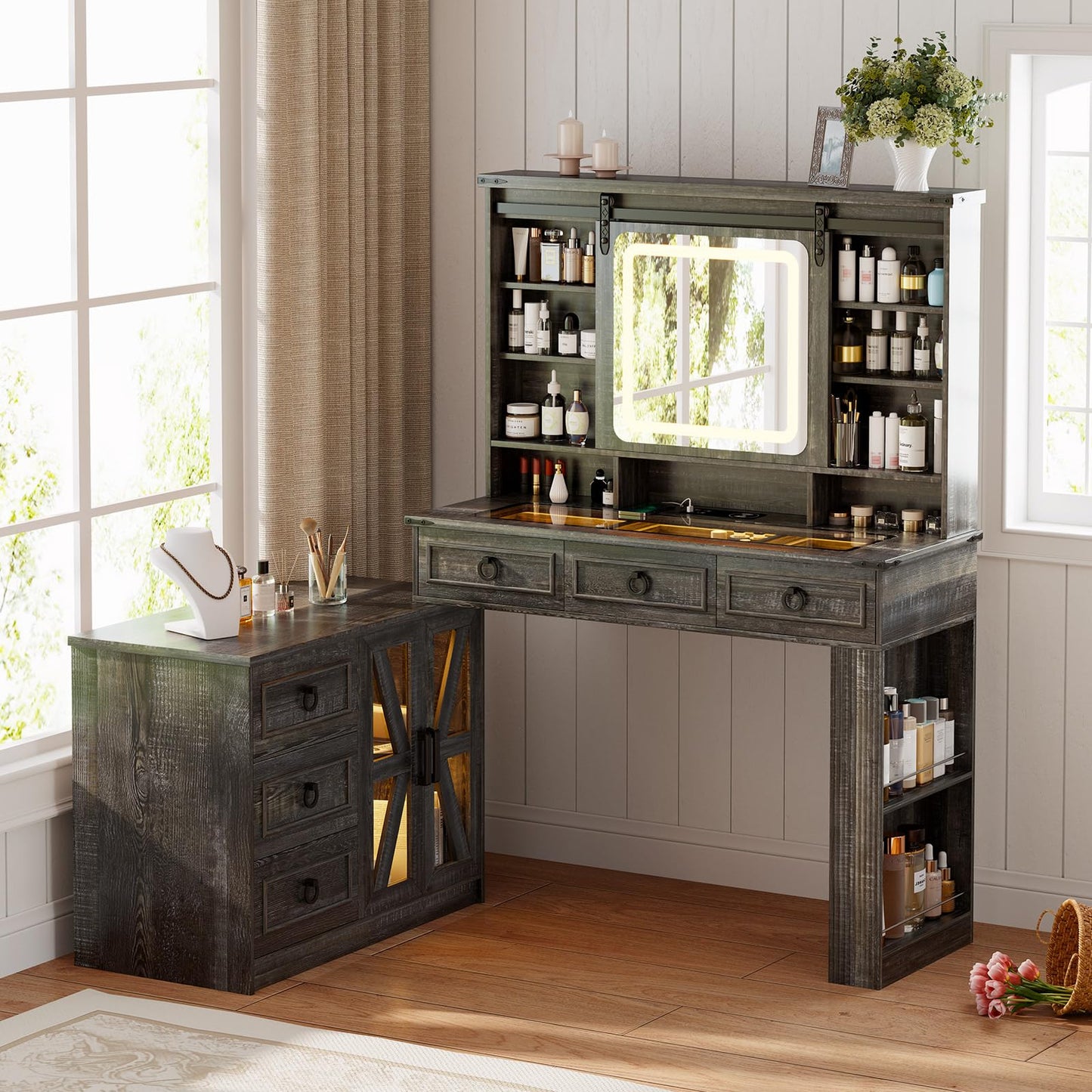 MDGC 60"W Farmhouse Makeup Vanity Desk with Sliding Mirror and Lights, Charging Glass Top Large Vanity Table with Jewelry Storage,Vanity Set with 6 Drawers,10 Shelves,Side Storage Cabinet,Rustic Brown