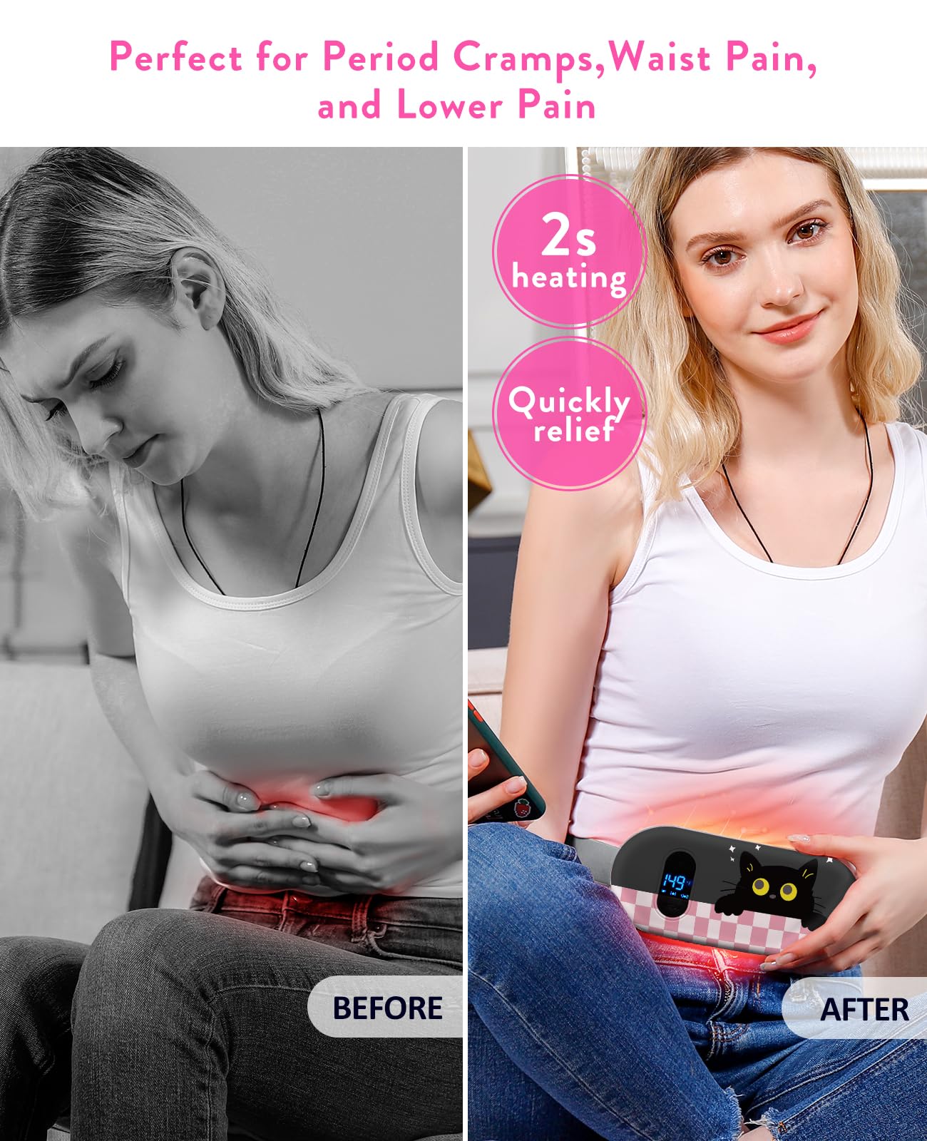 Portable Heating Pad for Period Cramps: Menstrual Heating Pad with Unique Design, Fast Heating Pad with 6 Heat Levels and 6 Massage Modes, Gifts for Her, Women, Teens and Girls