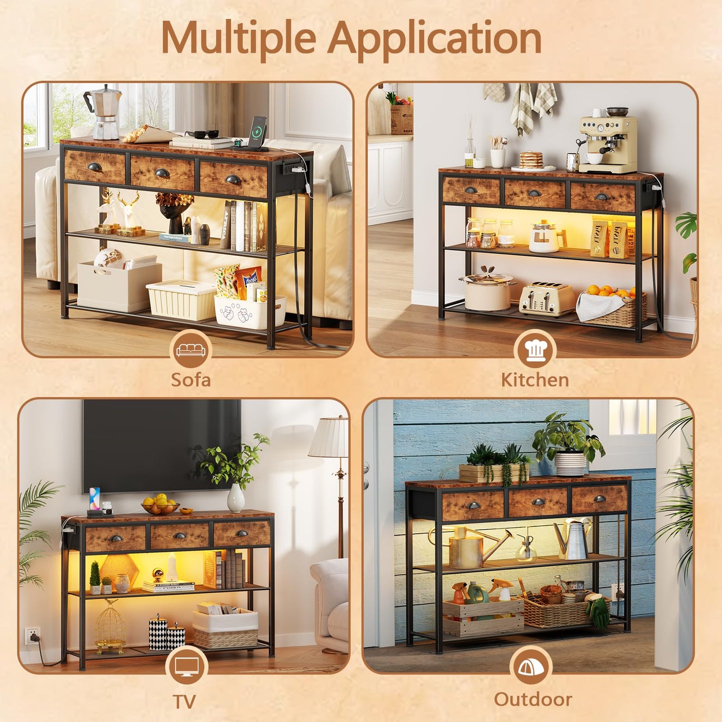 Furologee Console Table with Charging Station & 3 Fabric Drawers, 38'' Entryway Table with Storage Shelves and LED Light for Entry Way, Industrial Display Shelf for Hallway, Foyer, Rustic Brown