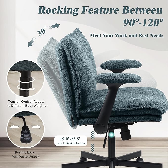 Kassipo Criss Cross Legged Office Chair with Wheels and Flip-Up Arms, Upholstered Criss Cross Desk Chair, Wide Seat Chairs for Home Office, Vanity, Apartment, Green