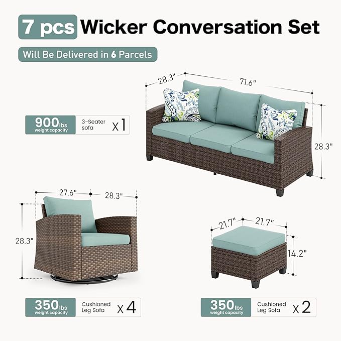 SUNSHINE VALLEY Swivel Glider Patio Furniture Set Outdoor Furniture Brown Wicker Rattan Patio Conversation Sets with Cushion Outside Sofa Set,7 Pieces,9 Seats,Blue