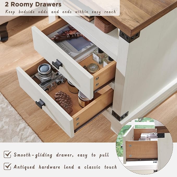RedLemon Farmhouse Nightstand with Charging Station, 18" Rustic Night Stand with 2 Storage Drawers, Wood End Table for Bedroom, Living Room, Antique White