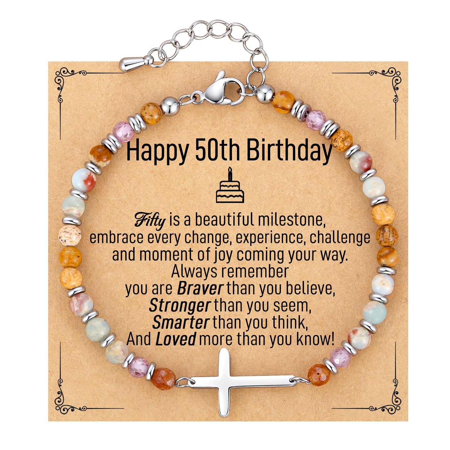 AryaHozel 50th Birthday Gifts for Her, Bead Cross Bracelet for Women Jewelry, 50th Birthday Decorations Women Unique 50 Year Old Bday Gift Ideas for Best Friend, Sister, Wife, Mom, Daughter, Female