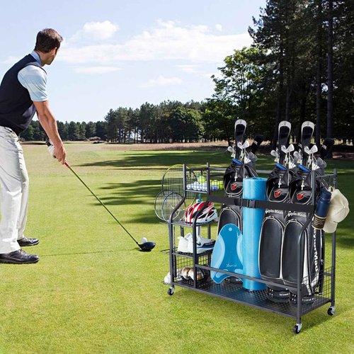 VEVOR Golf Storage Garage Organizer, 3 Golf Bag Stand Holder, Other Sports Equipment Storage Rack, Rolling Ball Cart on Wheels, Outdoor Sport Gear, Toy Storage Baskets Hooks Christmas Crafts Xmas Gift