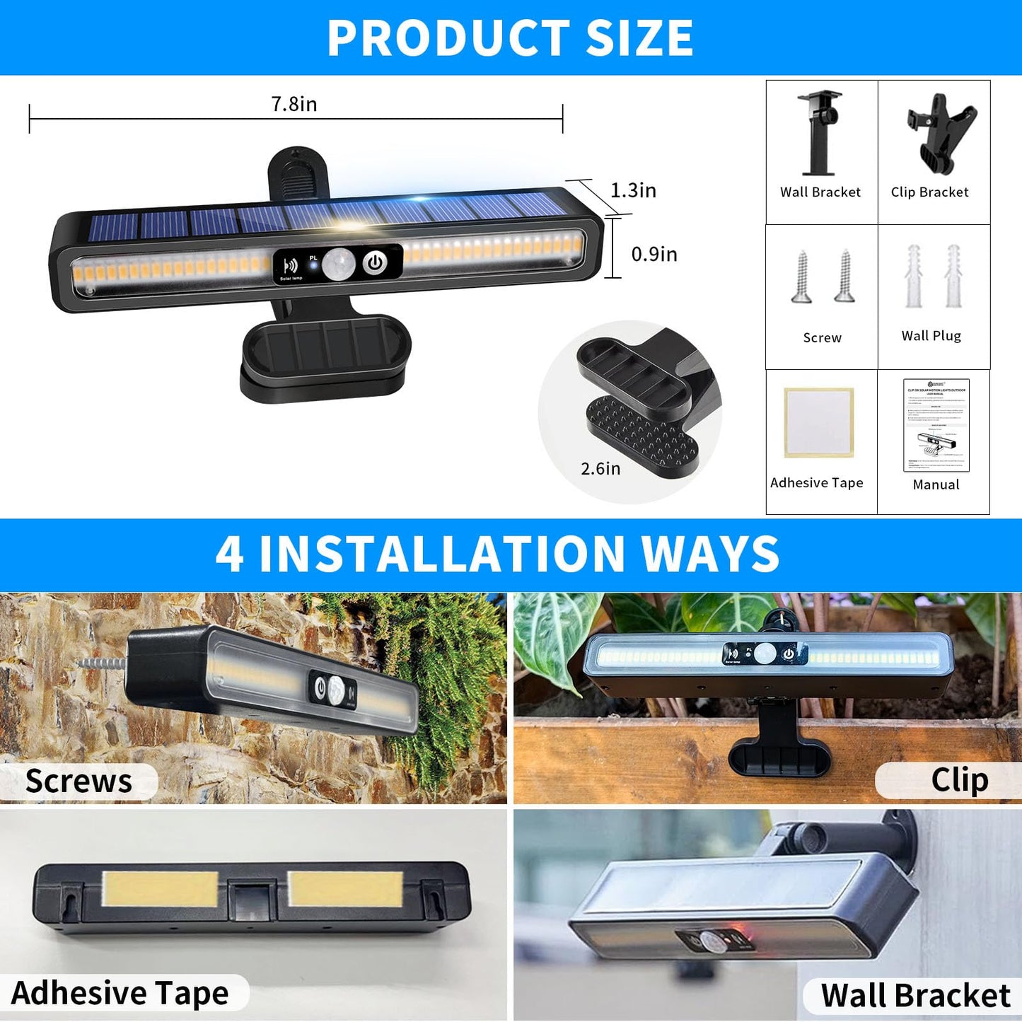 sunlight encounter Clip On Solar Motion Lights Outdoor Waterproof, 6 Pack Motion Sensor Outdoor Lights with 36 LEDs, 3000K, Portable Solar Powered Security Light for Fence Garage Camping(Black)