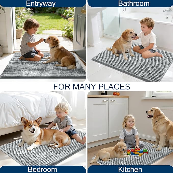 OLANLY Dog Door Mat for Muddy Paws 70x46, Ultra Absorbent Chenille Mud Doormat, Non-Slip Washable and Dirt Trapping Doormat for Indoor Entryway, Quick-Dry Indoor Pet Bed Mats for Dogs, Grey