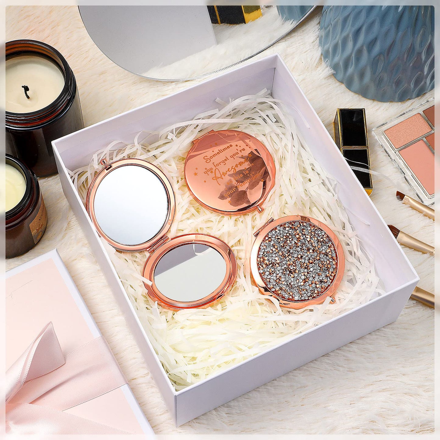 Roowest 10 Pcs Inspirational Compact Mirror Sometimes You Forget You're Awesome Appreciation Gifts for Women Group Employee Coworker Housekeeping Thank You Favors Magnifying Pocket Mirror (Rose Gold)