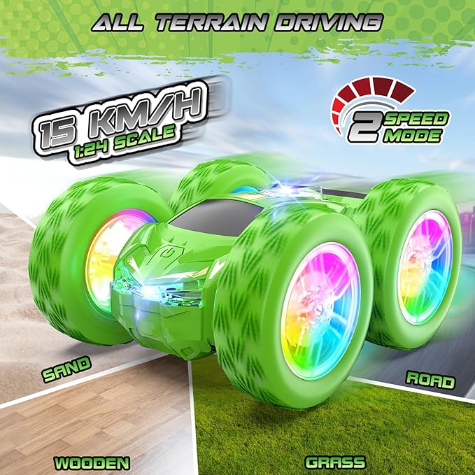 Remote Control Car for Kids, RC Stunt Cars Toys for Boys Ages 4-7 with Cool Double-Sided Pattern and LED Flash, 1:24 Vehicle Toy Car Hobby Racing Car Toys Gift for 3 4 5 6 7 8 9 Year Old Boys