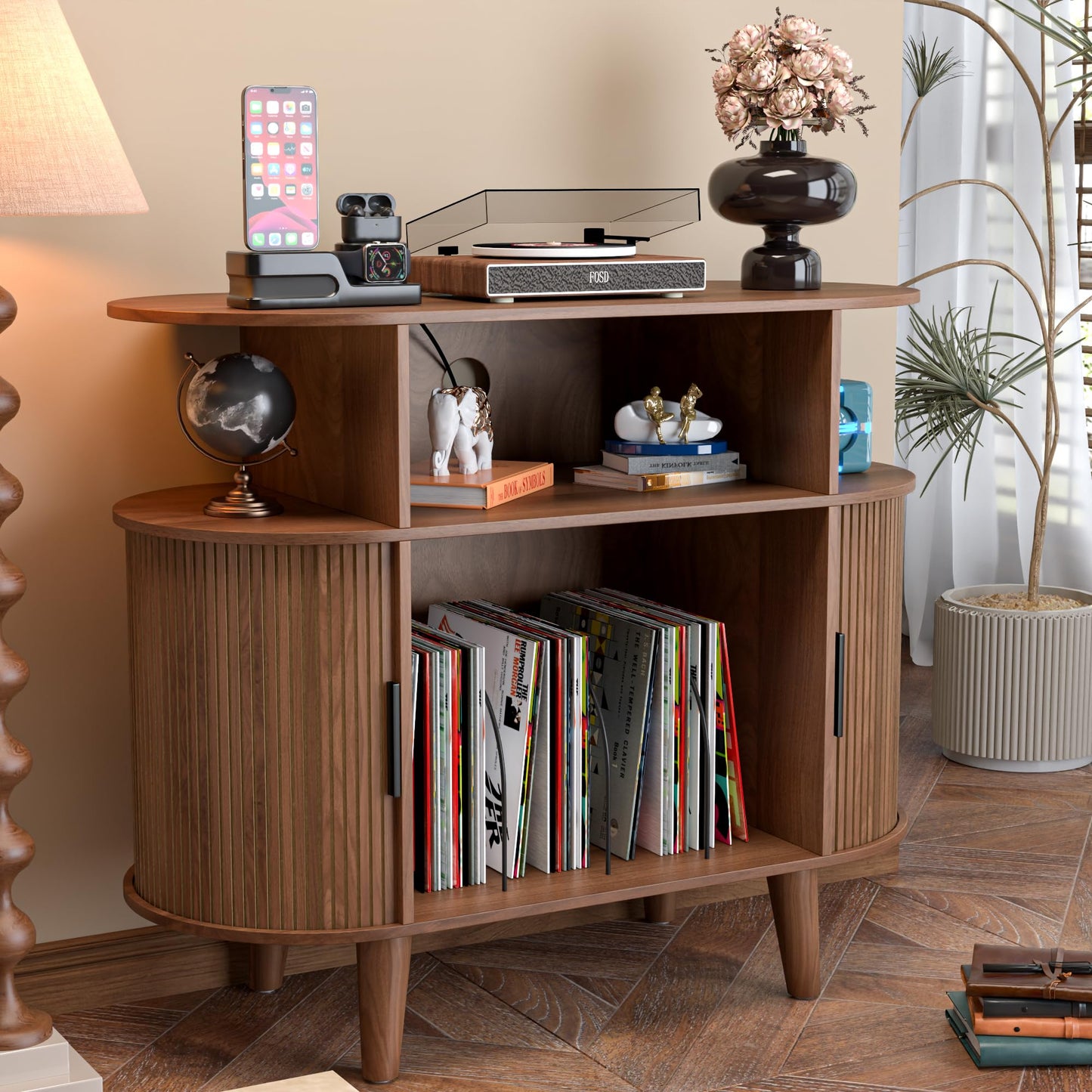 LUVIOHOME Large Round Record Player Stand with Charging Station & USB Ports，Record Storage Cabinet, Mid Century Modern Turntable Stand for Bedroom Living Room (Small Brown)