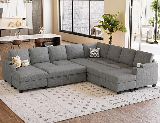Belffin Oversized Sleeper Sofa U Shaped Modular Sectional Couch with Double Storage Chaise Convertible Sofa Bed. Light Gery Couch