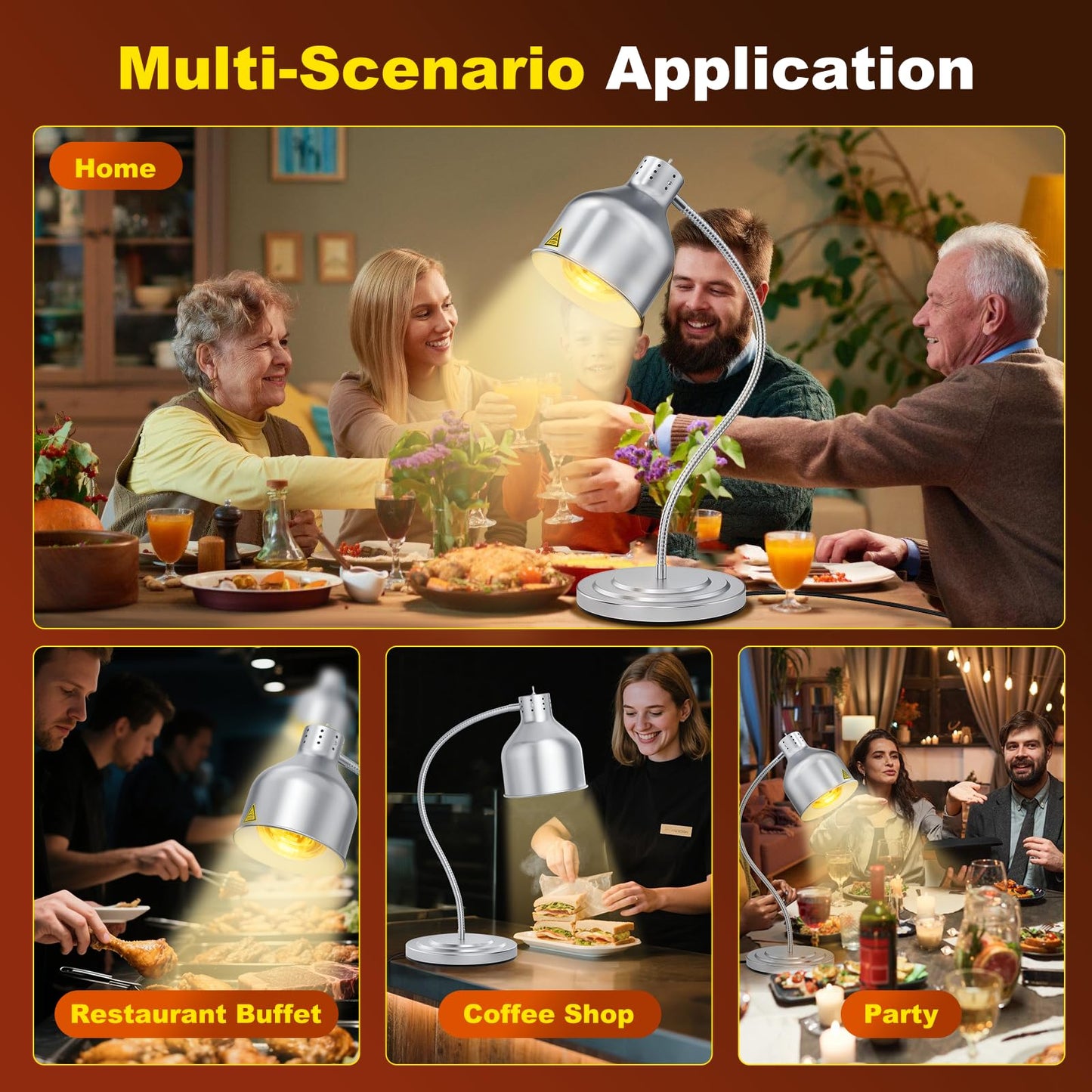 BOEASTER Food Heat Lamp, Single Head 250W Stainless Steel Commercial Food Warmer Lamp with 2 Bulbs, 360° Adjustable Portable Electric Warming Light for Restaurant Kitchen Buffet Counter Party Catering