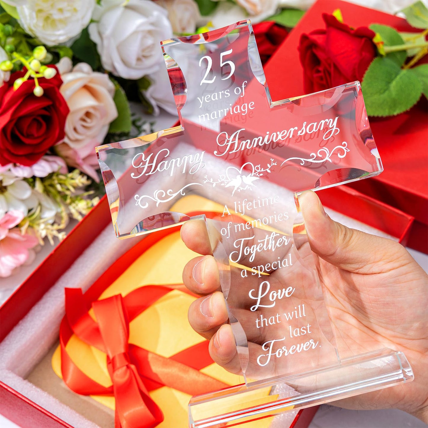 GIRVEM 25th Wedding Anniversary Glass Cross Gifts for Couple, Wedding Anniversary Keepsake for Him Her, Laser Engraved Glass Standing Cross Decoration