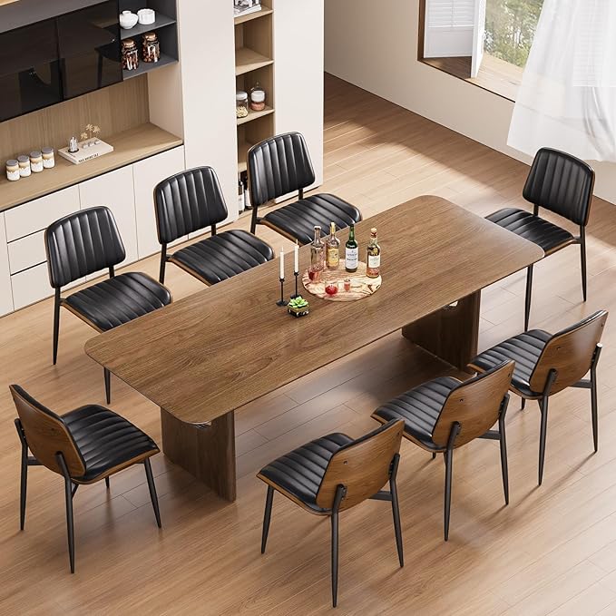 YaFiti Dining Chairs Set of 8, FSC Certified Mid Century Modern Dining Room Kitchen Chairs, Upholstered PU Leather Vertical Stripe Chairs for Vanity with Walnut Bentwood and Metal Legs, Black