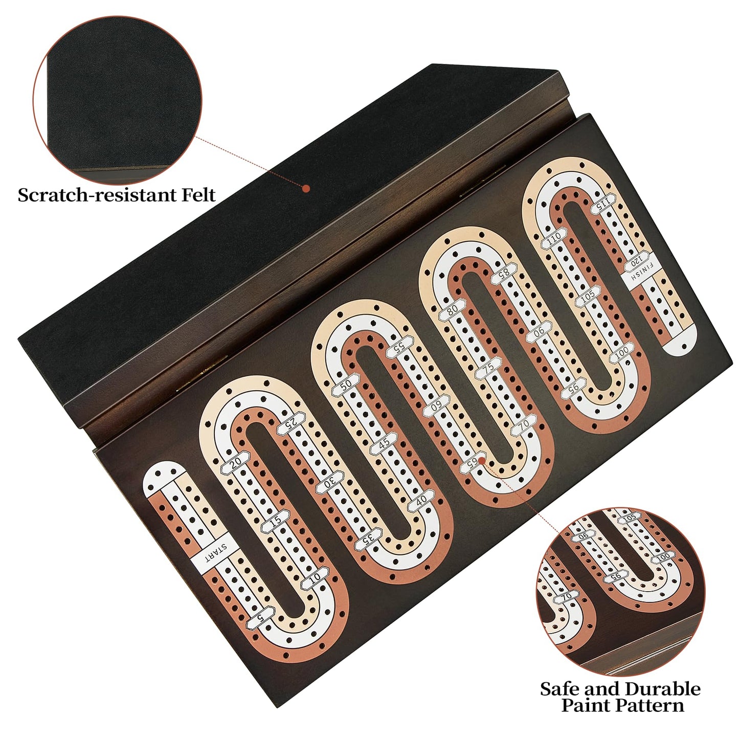 ELONGDI Wooden Cribbage Board Game Set with Magnetic Lock and Large Storage - 9 Metal Pegs & 2 Deck of Playing Cards,Continuous 3 Track Board Travel Portable Cribbage Game for Family
