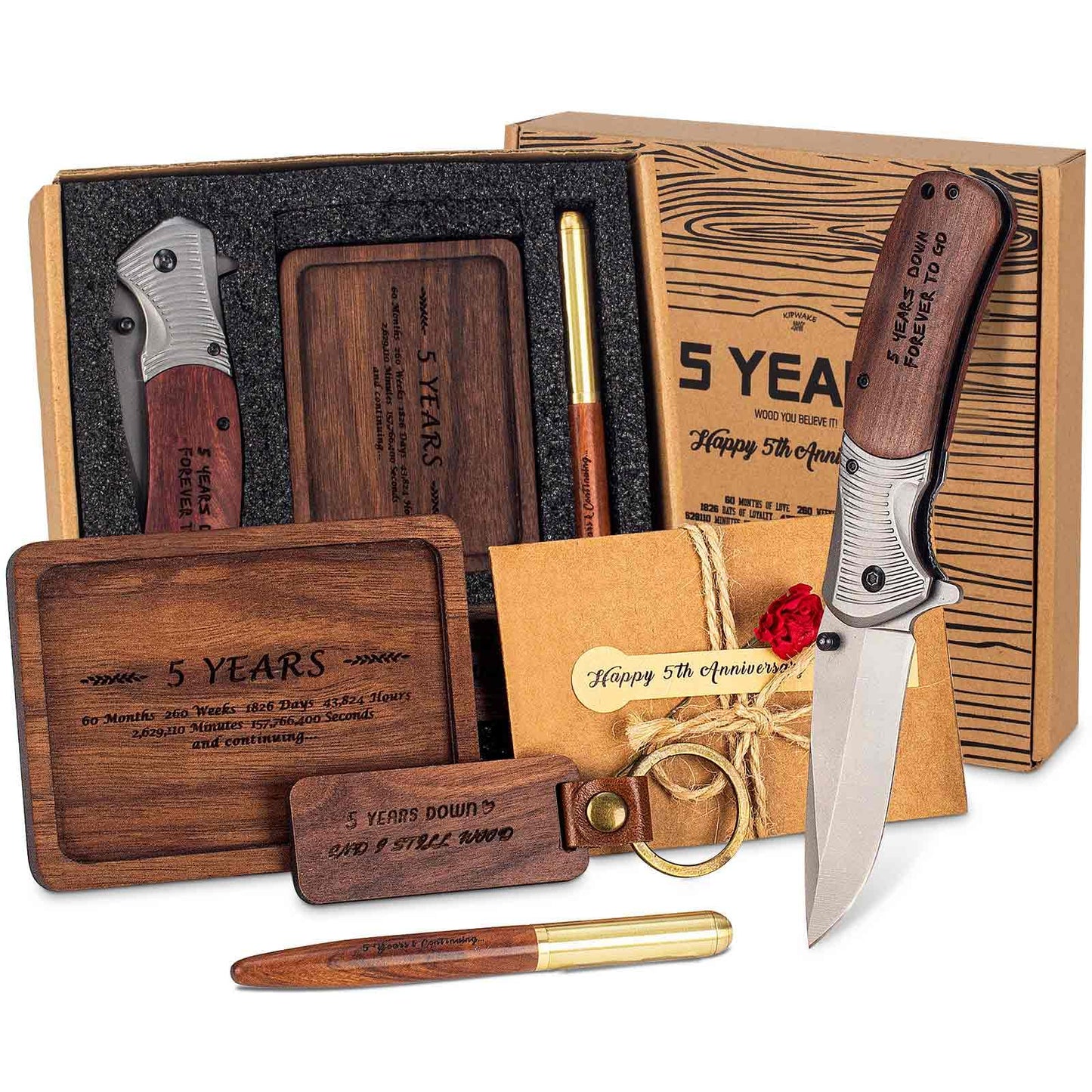 5 Year Anniversary Wooden Gift for Him Wood Gifts Set for 5th Wedding Anniversary 5 Years of Marriage Present for Men Husband Couple Unique Keepsake Including:pocket Knife&ring Dish&pen&keychain