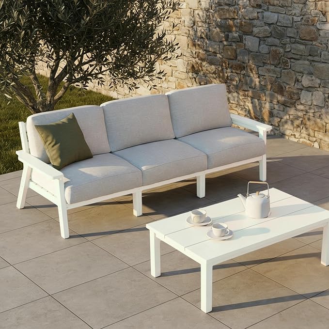 Patio Kingdom Patio Furniture Set 3 Seats, HDPE Outdoor Sectional with Washable Beige Thick Cushions, Coffee Table & Side Table, Patio Conversation Sets for Lawn, Garden, Porch, Balcony (White Frame)