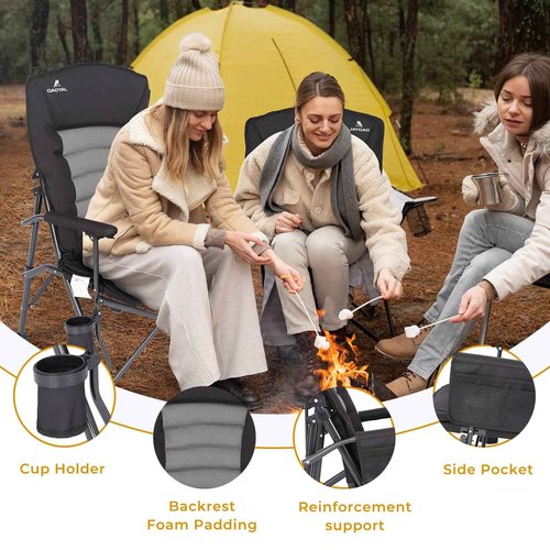 Camping Chairs for Adults, Adjustable Backrest Heavy Duty Oversized Folding Camping Chair Supports 350lbs for Outside with Cup Holder&Side Pocket, Outdoor Folding Camp Chair with High Back (Black)