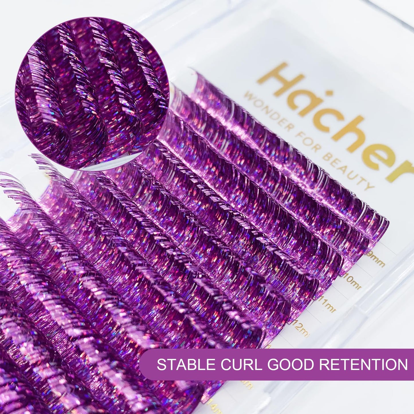 HAICHER Holographic Lash Tinsel, Colored Lash Extensions CC Curl 9-18mm Mixed Lash Trays (Purple, Volume)