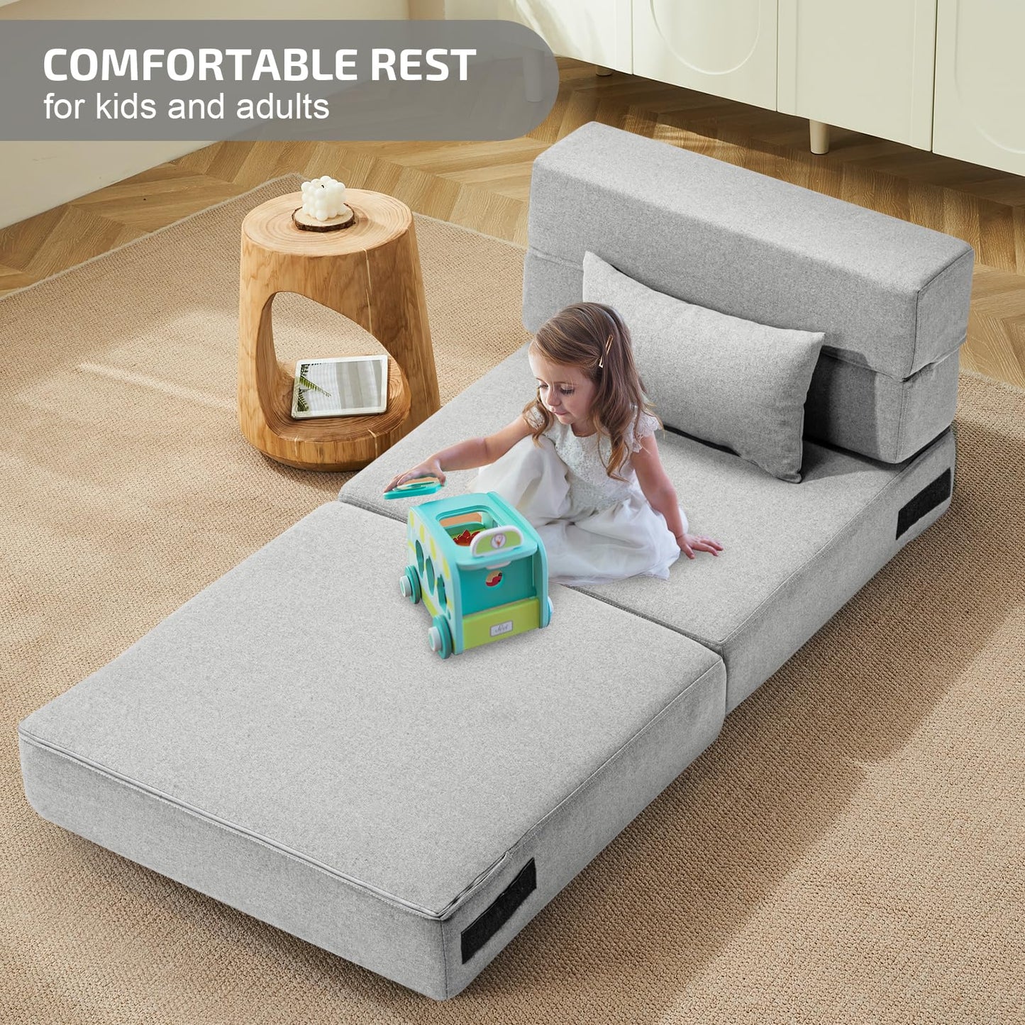 SUYOLS Folding Sofa Bed with Pillow- Convertible Chair Floor Couch & Sleeping Mattress, Foldable Memory Foam Sleeper for Living Room/Dorm/Guest Room/Home Office/Apartment/Loft, Single28, Light Gray