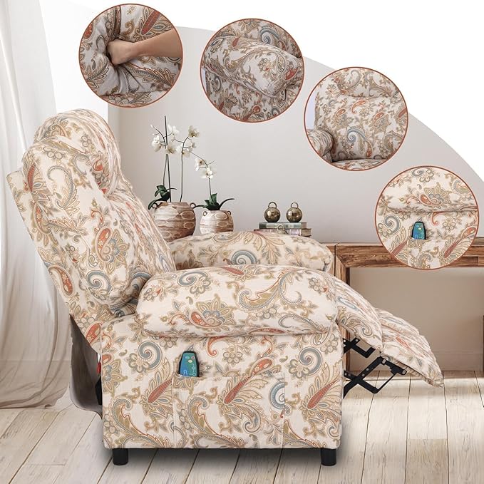 Manual Recliner Chair, Massage Chair Recliners with Heat, Pushback Recliners for Living Room Small Recliner Chairs for Small Spaces Fabric Overstuffed Single Sofa with Vibration Home Theater,Floral