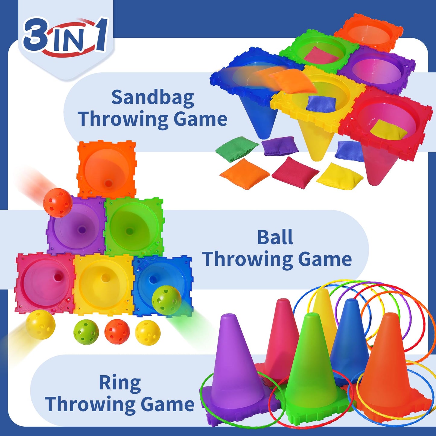 ALETYBOX 3 in 1 Bean Bags for Tossing, Throwing Ball Game, Cones Ring Toss - Outdoor Toys for Toddlers, Obstacle Course Game, Carnival Games, Backyard Games for Kids, Gift Kids Age 3 4 5 6 7