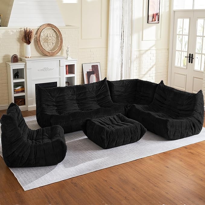 HABUTWAY Bean Bag Ottoman,Foot Rest,Fireside Chair Memory Foam Lazy Bean Bag Sofa for Living Room,Bedroom,Dorm,Office (Ottoman-Black)