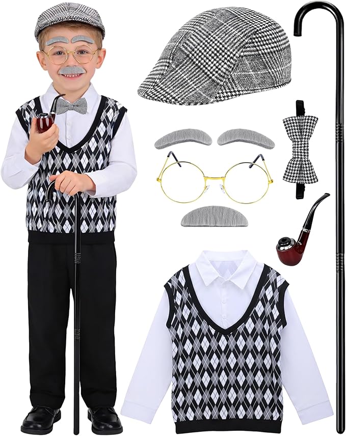 Vivrerizo Old Man Costume for Kids - 7 Pcs Boys 100 Days of School Costume for Grandpa Outfit Dress Up Cosplay