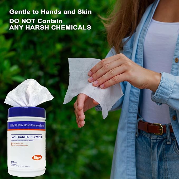 SIPA Hand Sanitizing Wipes 100 WIPES/CANISTER, Soft Textured Wipes, Fresh Scented, (4 CANISTERS)