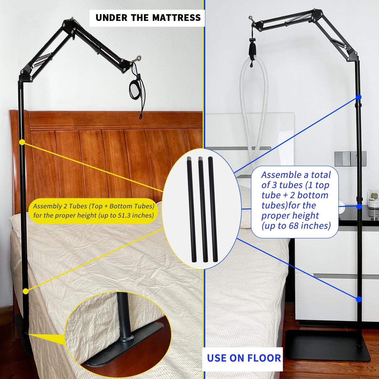 CPAP Hose Holder Stand with Adjustable Angle Height, CPAP Mask Hook - Metal Structure for Secure Support - Prevent Hose Tangles and Air Leakage, 5.8 ft Maximum Height