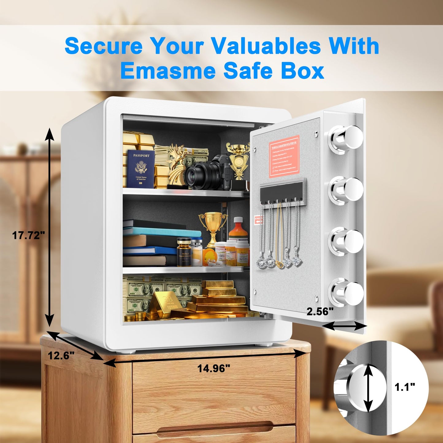 Safe Box, Home Safe with Fireproof & Waterproof Bag for Money Cash Documents Personal Safes Box Small Safes for Home Office Dorm with Digital Electronic Keypad & Removable Shelf (2.0 Cubic Feet White)