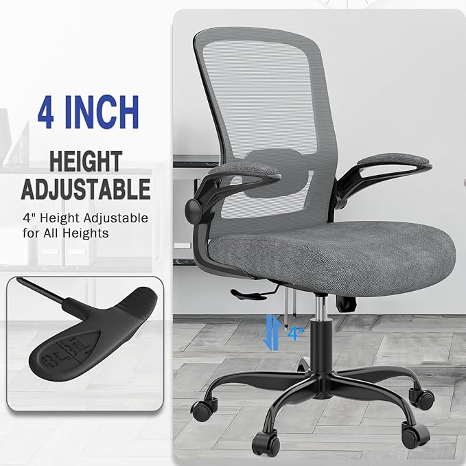 Mimoglad Ergonomic Office Chair - BIFMA Certified, Flip-up Armrests & 135° Recline, Adjustable Lumbar Support - Space-Saving Task Chair for Business/Team Office & Home (Iron Gray, 300lbs)