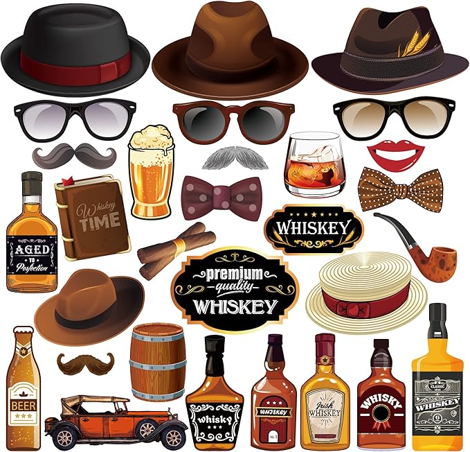 Qpout 30pcs Whiskey Party Photo Booth Props with Sticks, Oktoberfest Photo Booth Props, Men Women Holiday Whiskey Beer Bar...