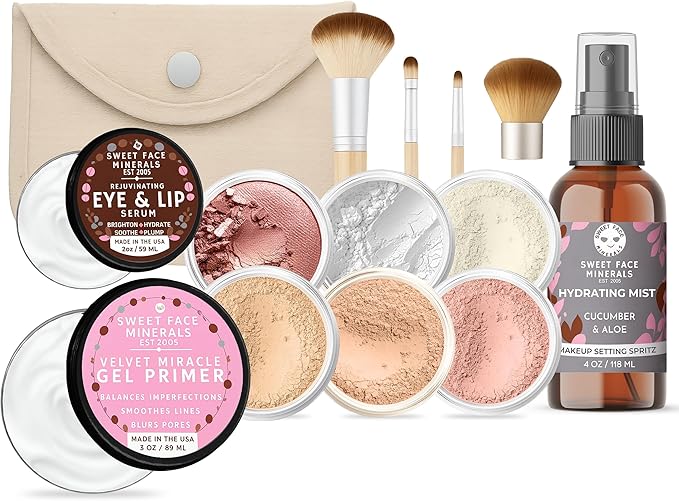 TIMELESS LOOK KIT (WARM Neutral Shade- Most Popular) Full Size Mineral Makeup Set Matte Foundation Bare Face Sheer Powder Cover