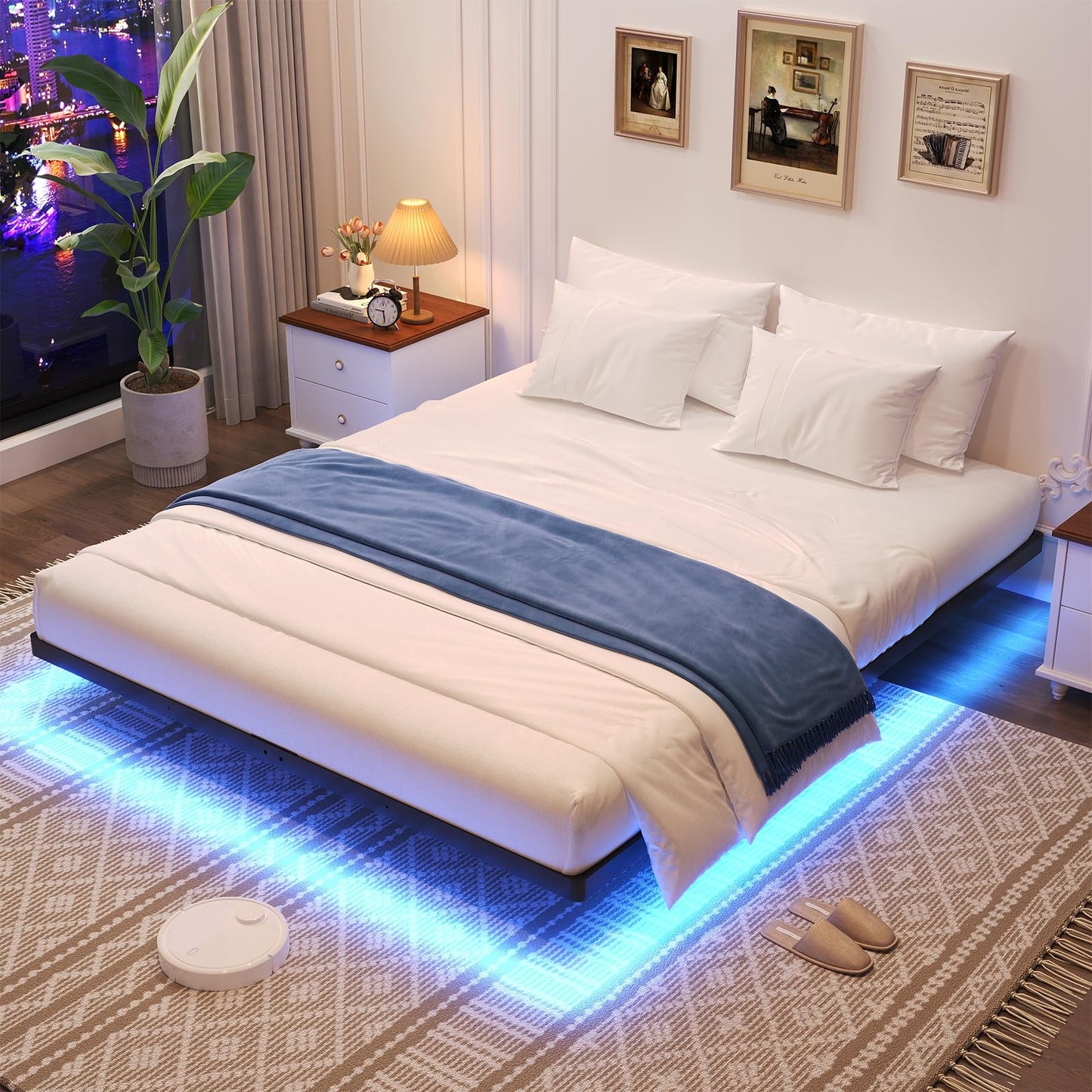 Awesofurni Floating Bed Frame Full Size, Full Bed Frame with Smart LED Lights, Heavy Duty Modern Metal Platform Bed No Box Spring Needed - Easy Assembly and Noise Free