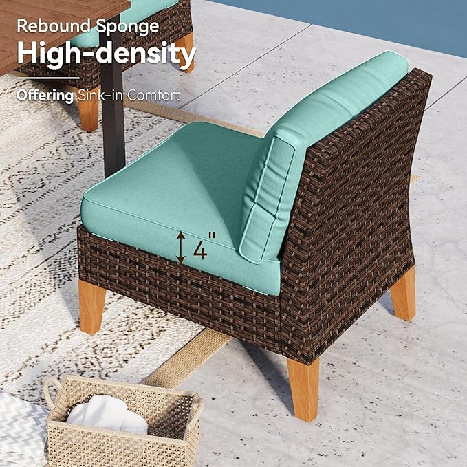 GREEN PARTY 7 Pieces Wicker Patio Furniture Set, All-Weather Outdoor Rattan Patio Sectional Sofa Conversation Set with 4" Thick Cushions for Garden, Backyard, 2 x Ottomans (Blue)