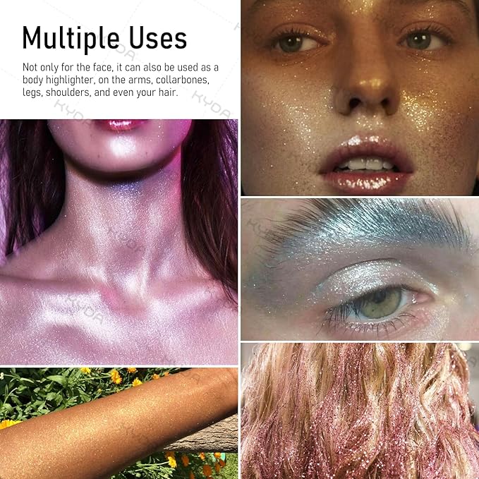 KYDA Highlighter Powder Spray, High Glossy Shimmer Sparkling Powder for Face and Body Glitter Makeup, Body Glitter Spray, Purple