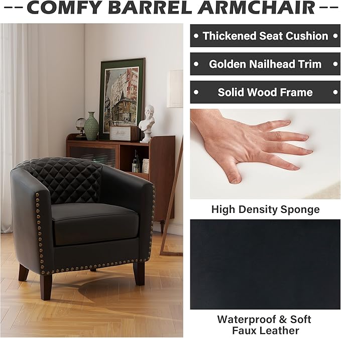 UIXE PU Leather Accent Chair, Barrel Club Chair Modern Upholstered Armchair for Living Room, Comfy Nailed Trim Arm Chair Bedroom Reading Seat, Black