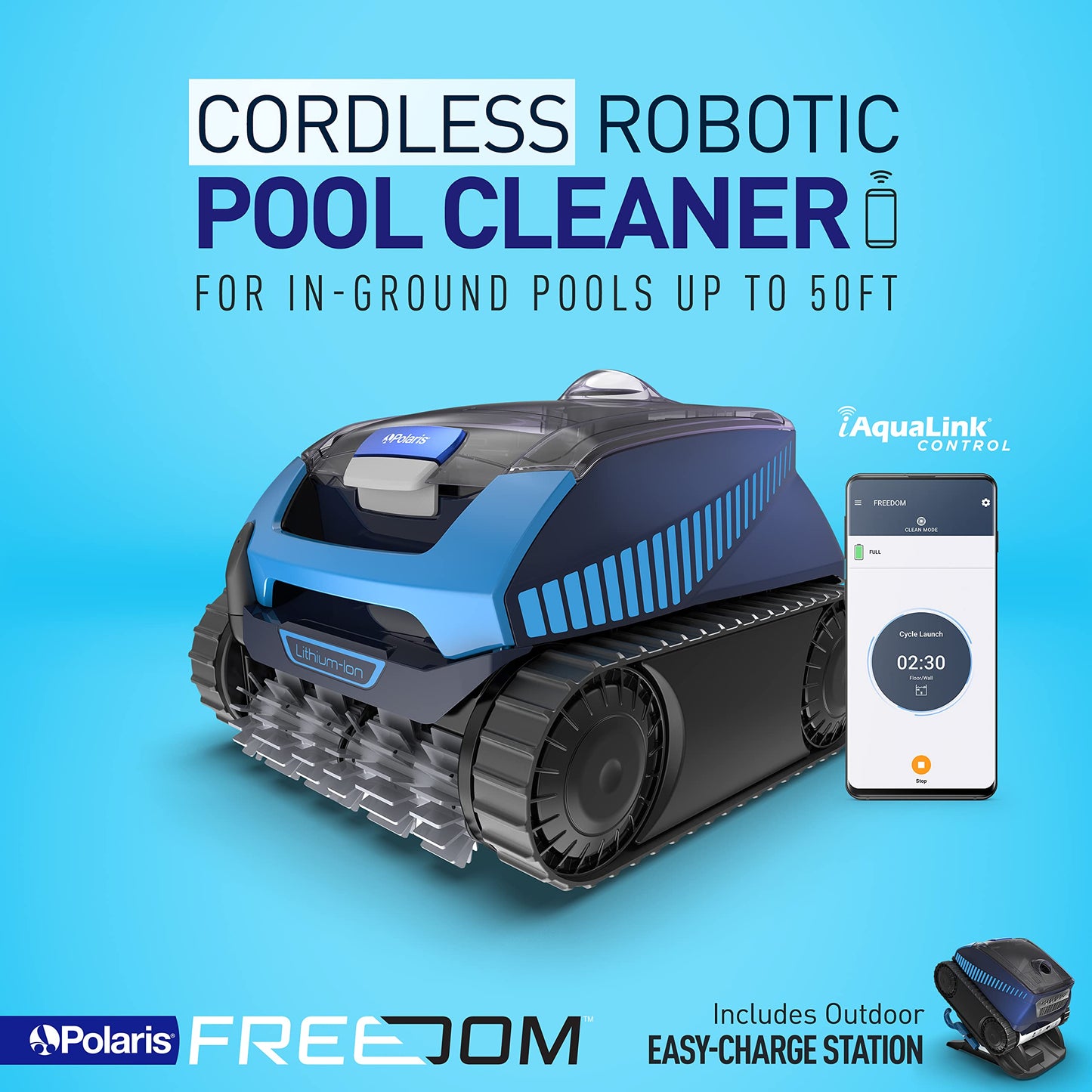 Polaris Freedom Cordless Robotic Pool Cleaner, Cable-Free for All In-Ground Pools up to 50ft, Four Cleaning Modes & Intelligent Cleaning Technology