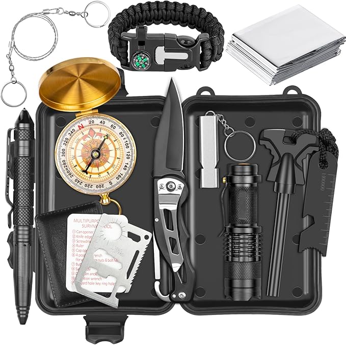 Alritz Emergency Survival Kit, for Men 12 in-1 Outdoor Survival Gear Lifesaving Tools Contains Compass, Fire Starter,for C...