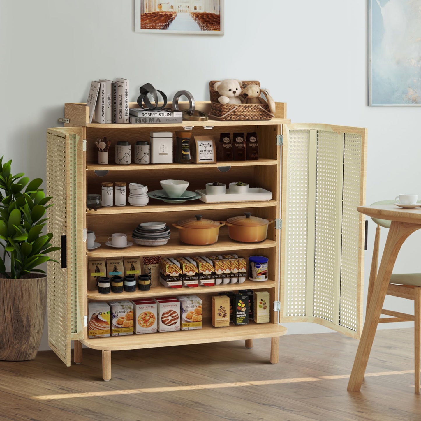 ORRD Shoe Cabinet, 5 Tier Boho Wooden Shoe Storage Organizer Cabinet with Adjustable Shelves, Shoes Rack with Iron Rattan Curved Doors Accent Cabinet for Entryway Hallway Living Room, Natural