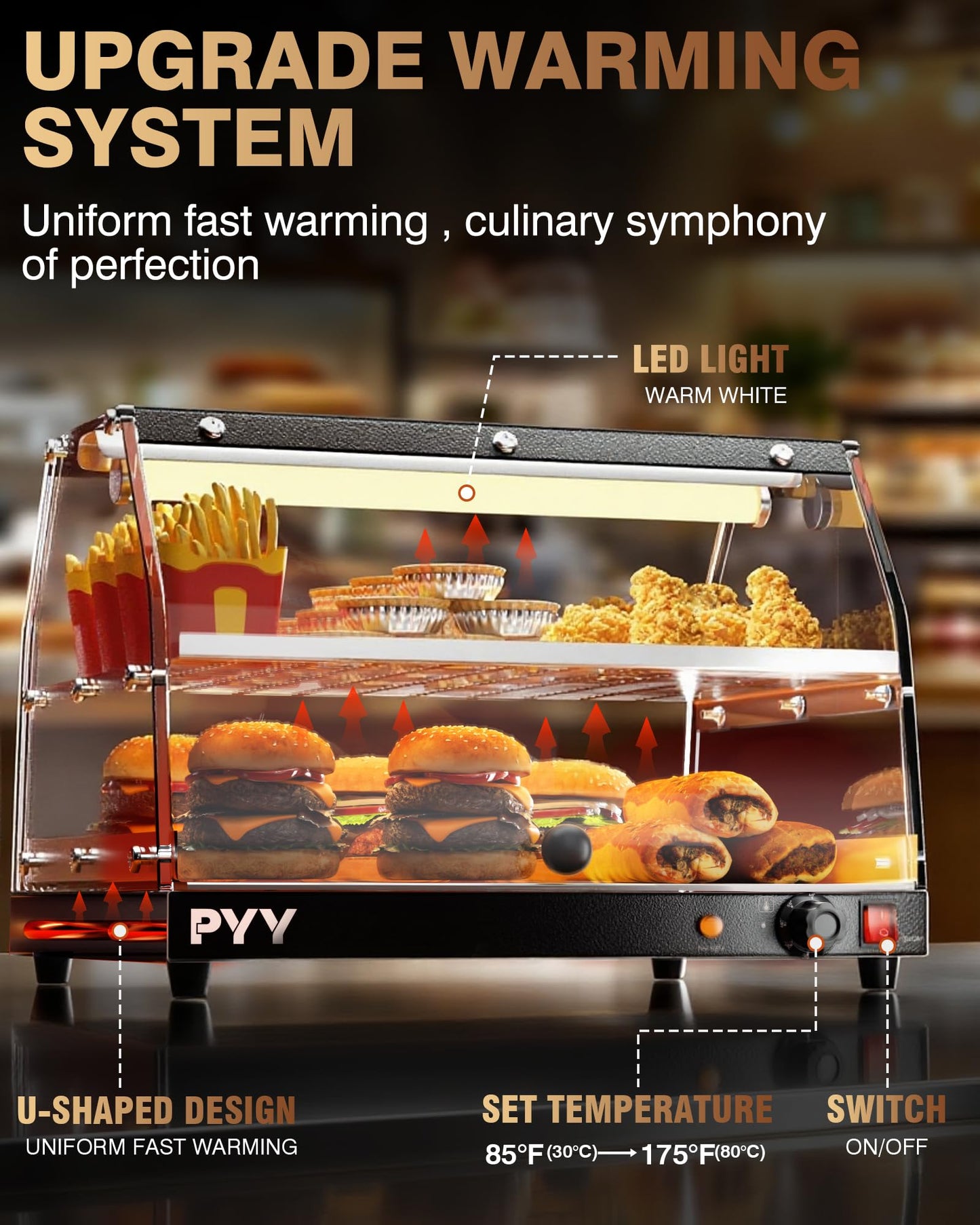 PYY Commercial Food Warmer Display, 2-Tier Electric Countertop Food Warmer with LED Lighting Adjustable Glass Door, Pastry Display Case for Restaurant Black